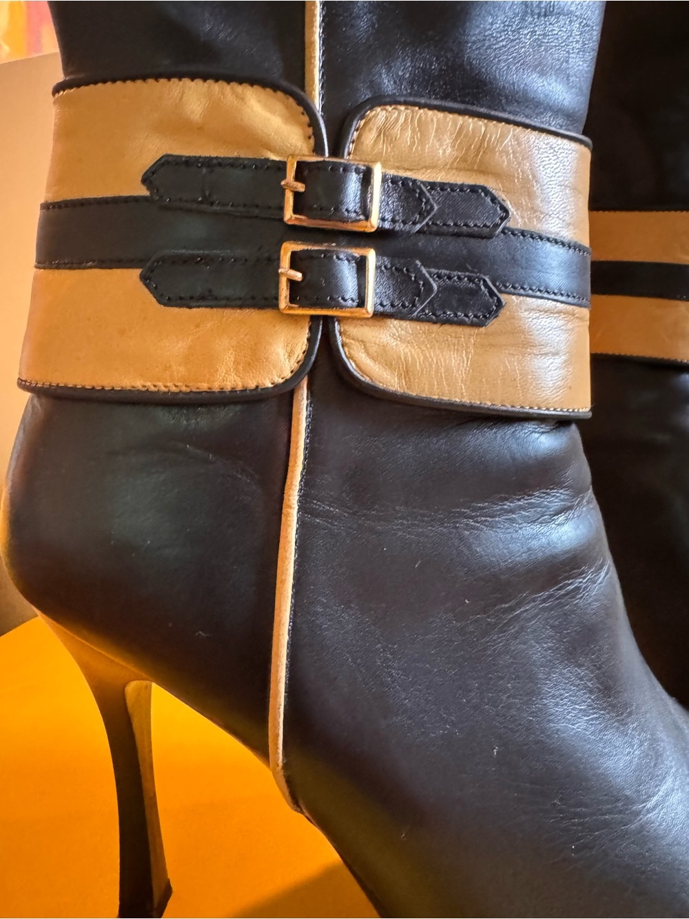 Fiorangelo Black Leather Mid-Calf Stiletto Boots with Tan Accent - Picture 3 of 6